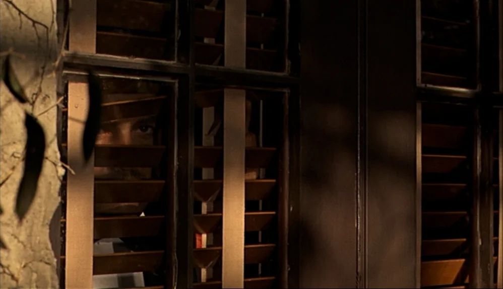 The Godfather (1972) movie still: closeup — A close up view of a man looking through wooden slats of window blinds. The man's eyes and moustache are…