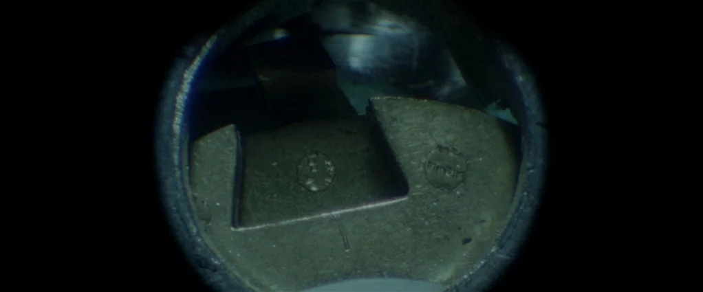 Panic Room (2002) movie still: closeup — A dark metallic surface is viewed through a circular lens or door peephole. The surface features embossed…