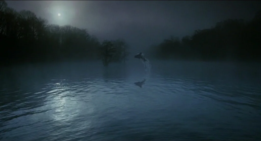 Big Fish (2003) movie still: wide — A dark, misty lake under a full moon at night surrounded by silhouettes of trees. A single fish arcs out of the…