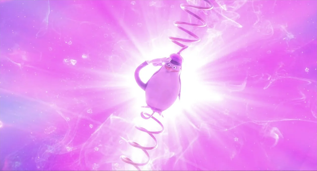 Penguins of Madagascar (2014) movie still: medium — A cartoon penguin salutes against a vibrant pink glowing cosmic background. The figure is…