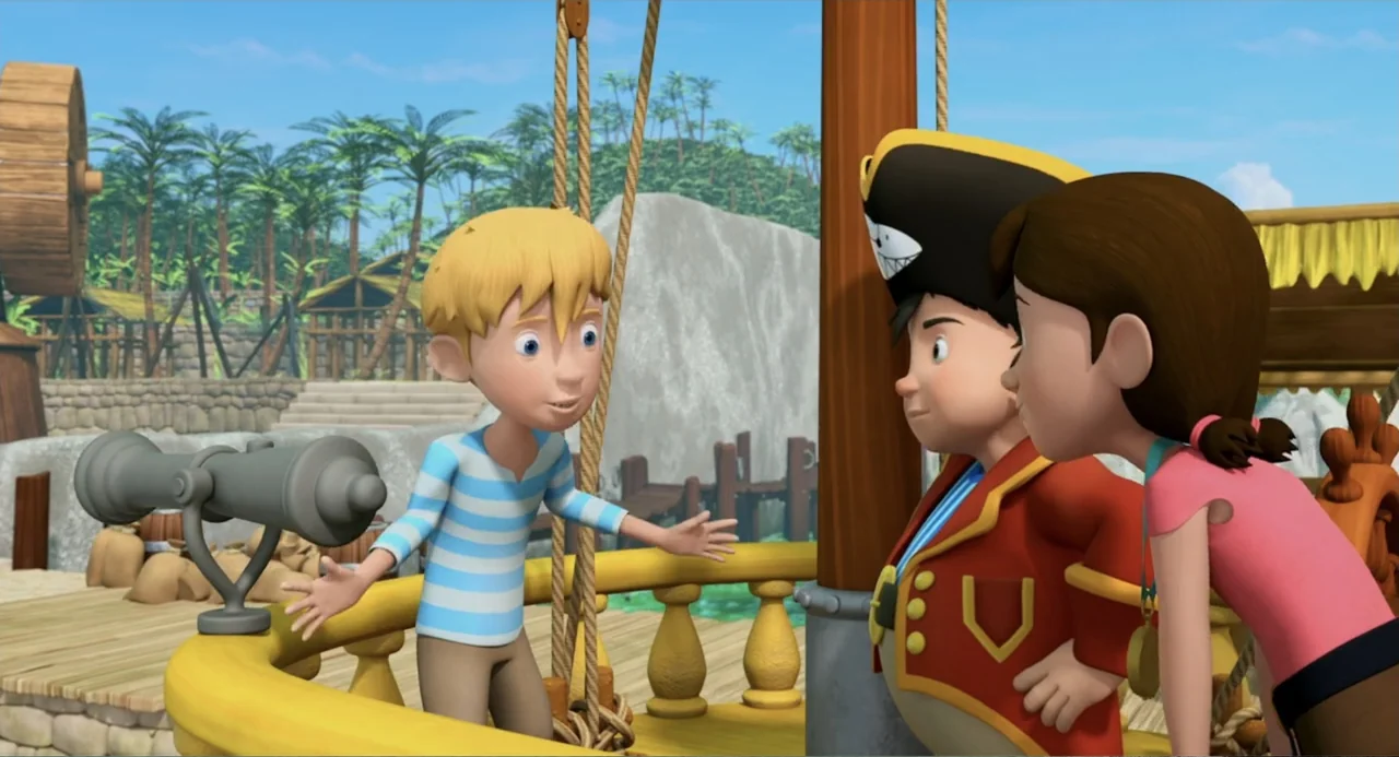 Capt'n Sharky (2018) movie still: medium — The wooden deck of a sailing ship features ropes and a small cannon. Three children are gathered together…