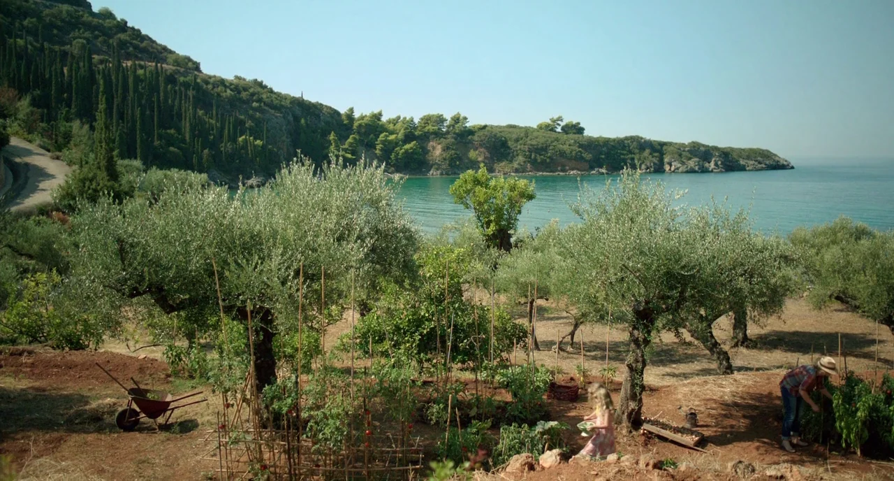 Before Midnight (2013) movie still: wide — An olive grove overlooks a Mediterranean bay with a dirt-covered hillside in the foreground. An adult…