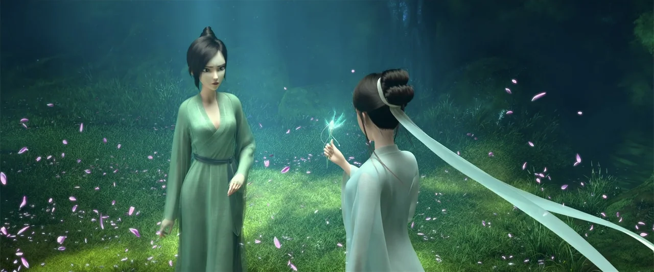 White Snake (2019) movie still: fullbody — A dark grassy meadow is illuminated by a small glowing light held between two women. Pink flower petals…