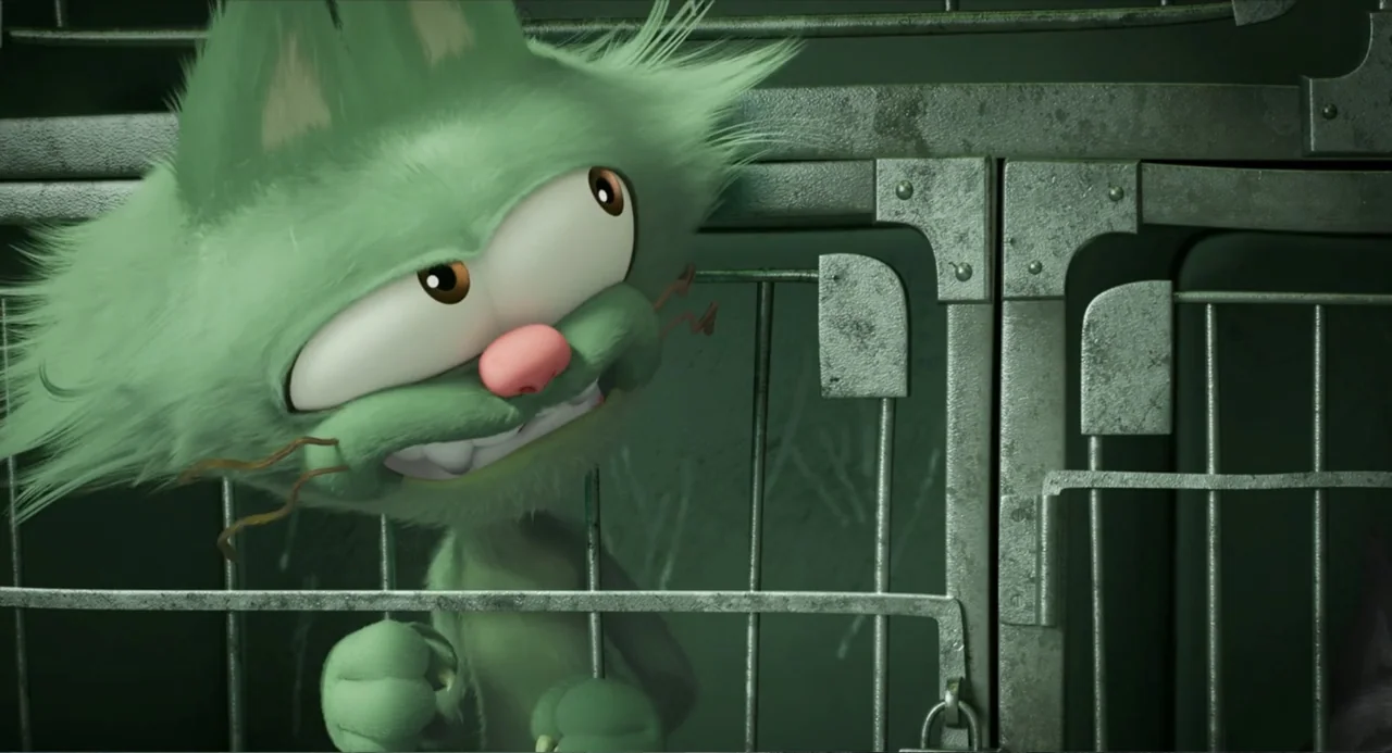 The Garfield Movie (2024) movie still: closeup — A green stylized cat creature looks out from behind a metal animal cage door. The creature has…