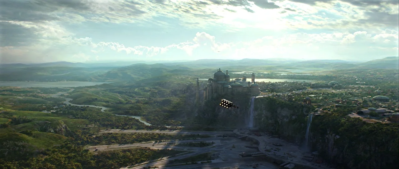Star Wars: Episode III – Revenge of the Sith (2005) movie still: establishing — A vast landscape features rolling green hills with a river and a…