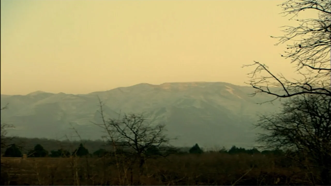 The First Emperor (2006) movie still: establishing — A distant mountain range sits under a hazy yellow sky at golden hour. Bare trees and dry brush…