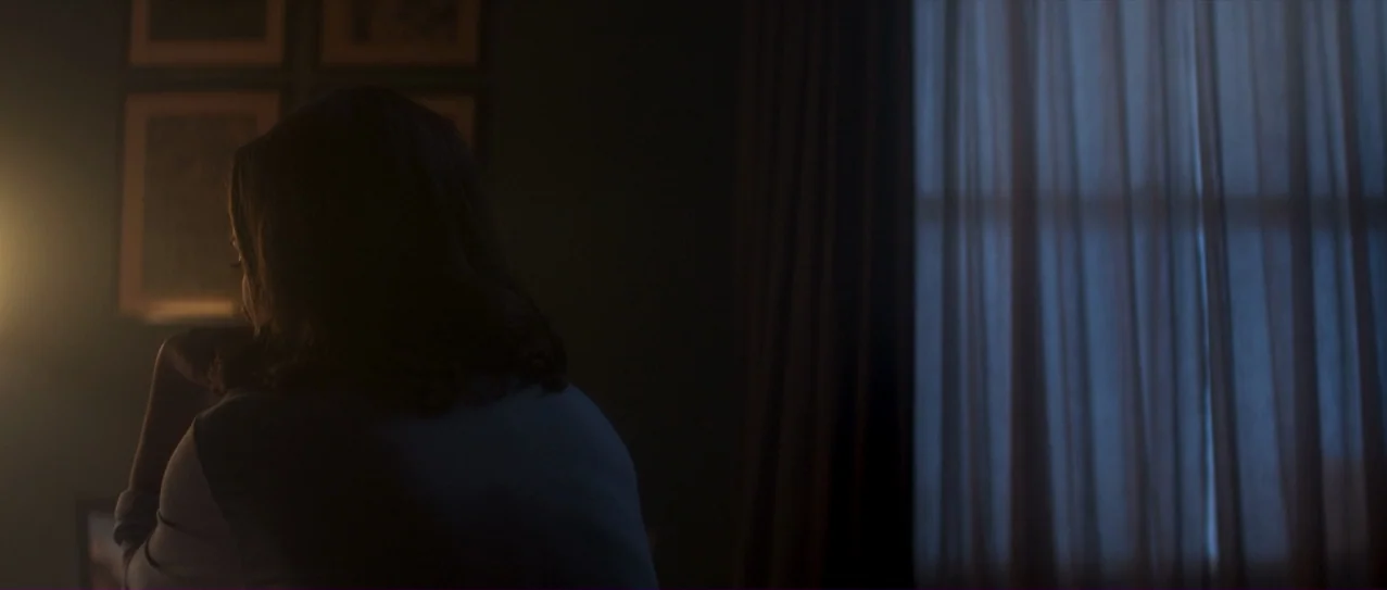 Annihilation (2018) movie still: medium — A dark bedroom features a wall with framed art and a window covered by curtains. A woman is seen from…