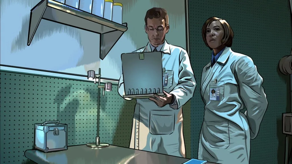 A Scanner Darkly (2006) movie still: medium — A laboratory with a pegboard wall and a metal table holding a metal box. A man and a woman in lab…