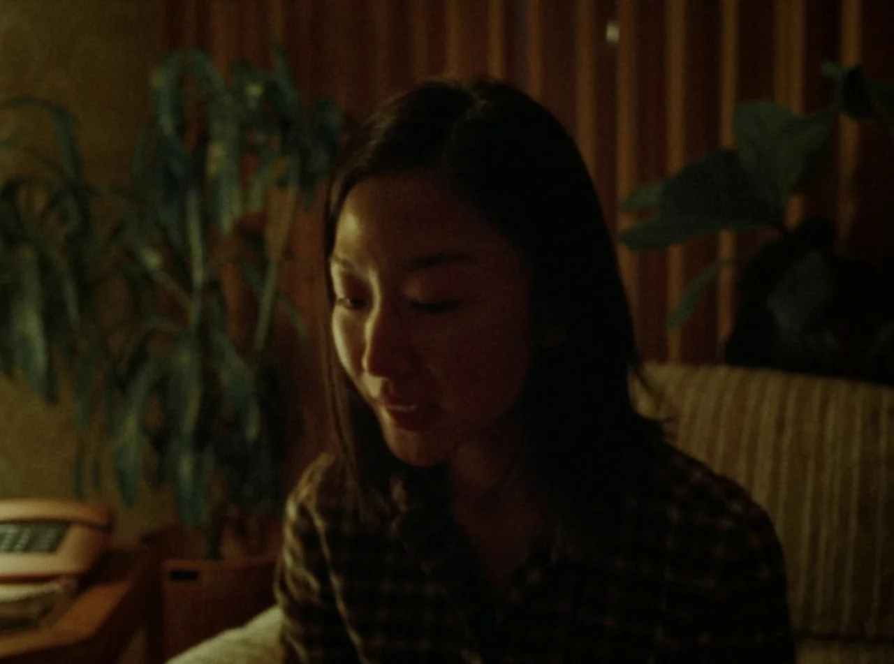 Riceboy Sleeps (2022) movie still: closeup — An interior living space features wood-paneled walls and a lush houseplant in the background. A young…