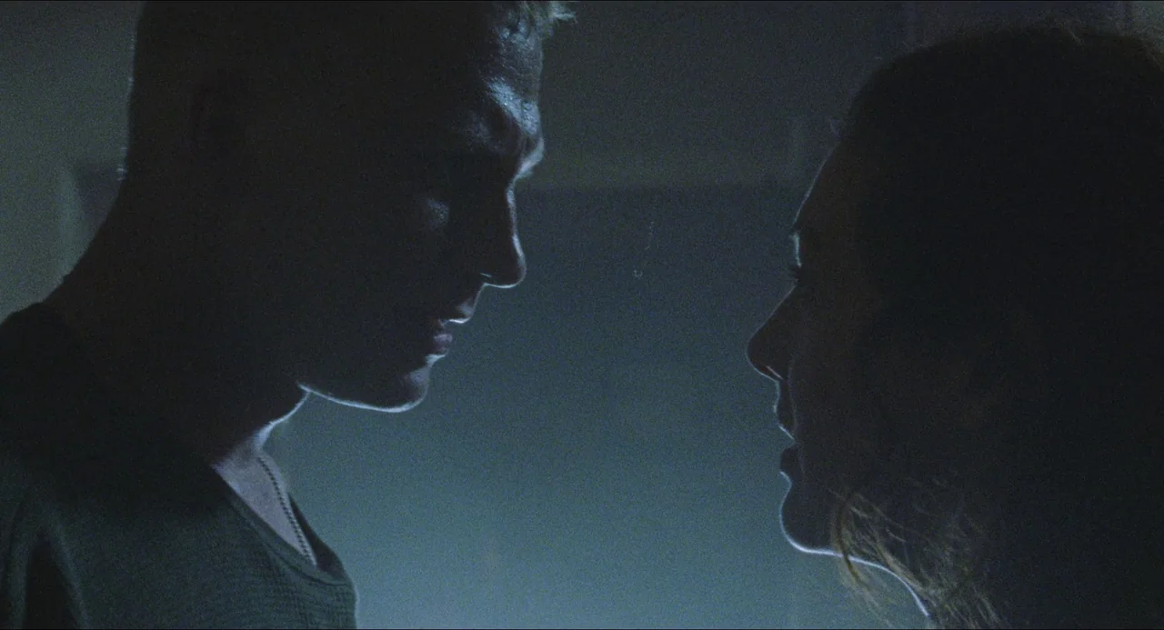 Dog Soldiers (2002) movie still: medium — A low-light interior space with blurred background details and muted tones. A man and a woman stand in…