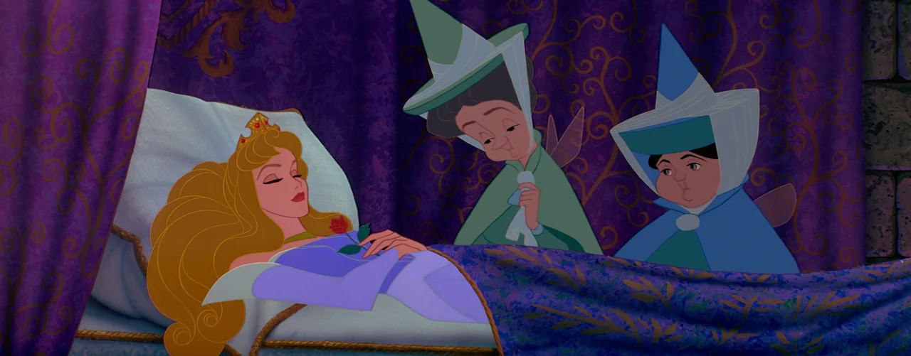 Sleeping Beauty (1959) movie still: medium — A princess sleeps in a canopy bed flanked by purple patterned curtains. Two elderly fairy godmothers…