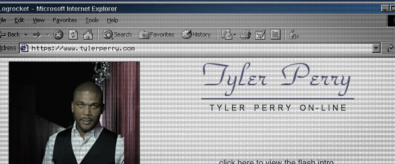 Maxine's Baby: The Tyler Perry Story (2023) movie still: medium — A web browser window displays a personal website with an image of a man. The man…