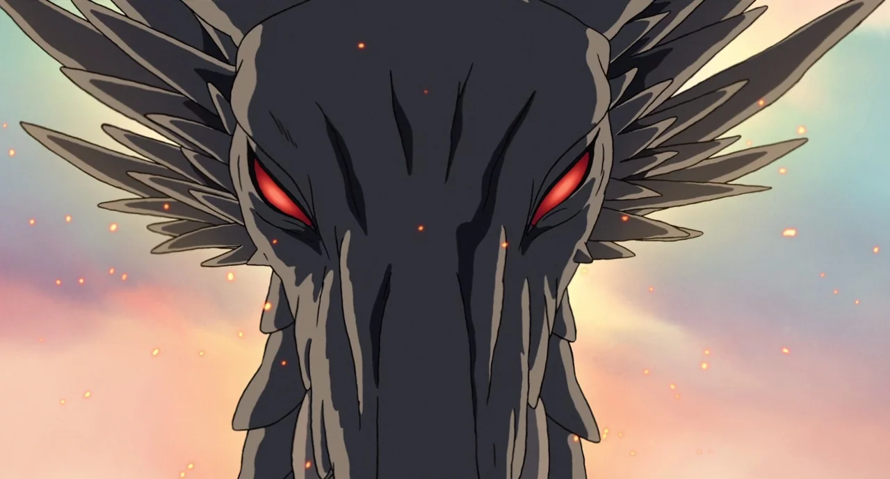 Tales From Earthsea (2006) movie still: closeup — A close-up shot focuses on the head of a massive dark grey dragon. It looks directly forward…