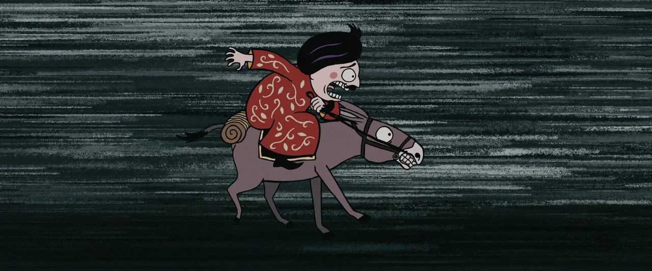 Chicken With Plums (2011) movie still: fullbody — A dark, horizontally streaked environment suggests high speed motion across a barren landscape. A…