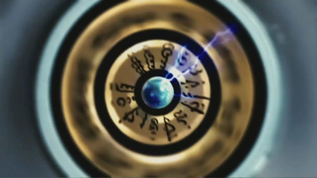 Ultraviolet (2006) movie still: closeup — A golden metallic disc with engraved dark symbols surrounds a bright glowing blue sphere. Electric blue…