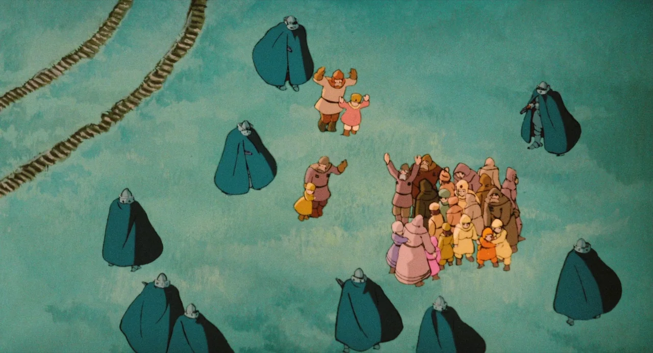 Nausicaä of the Valley of the Wind (1984) movie still: wide — A vast, flat, teal-colored plain features a group of civilians encircled by armed…