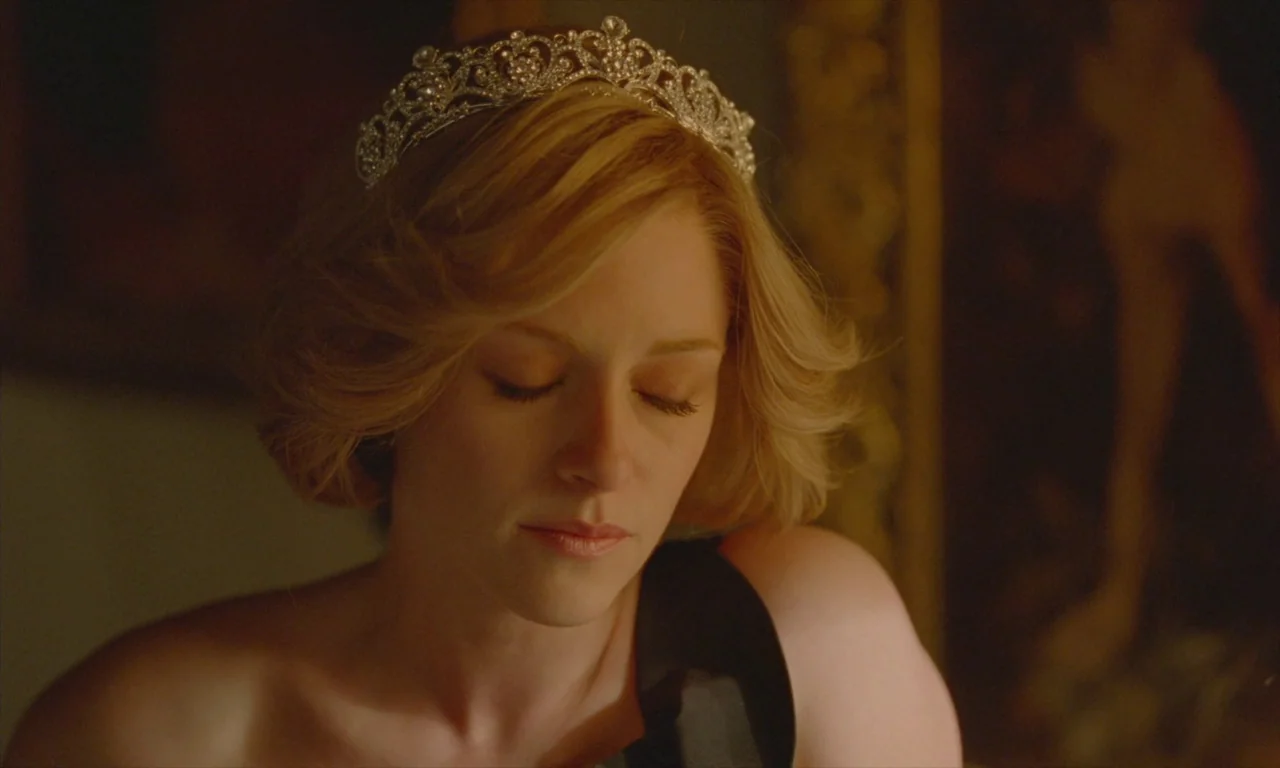 Spencer (2021) movie still: closeup — A dimly lit interior space with dark, indistinct walls and an ornate gold frame nearby. A blonde woman wearing…