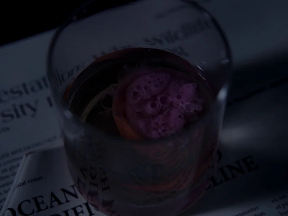 First Reformed (2017) movie still: closeup — A glass containing a spherical ice mold sits atop a spread of printed newspapers. The liquid is dark…