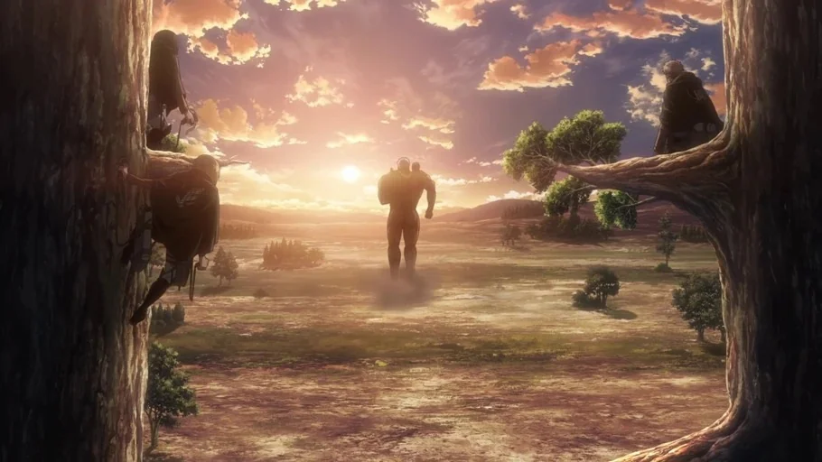 Attack on Titan (2013) movie still: wide — An open, dusty plain stretches toward a horizon beneath a bright sunset sky. A colossal figure walks…