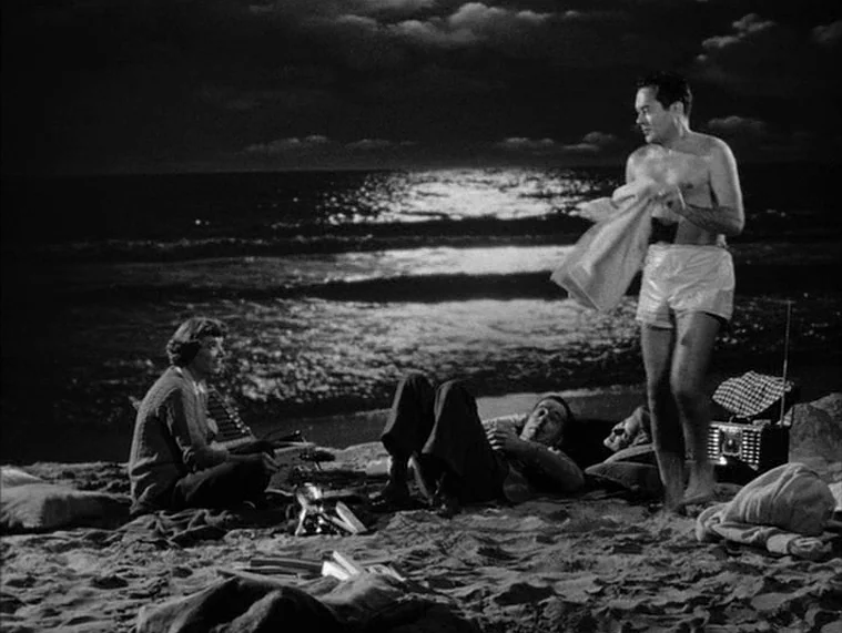 In a Lonely Place (1950) movie still: fullbody — A dark sandy beach sits before a moonlit ocean under a cloudy night sky. Three people socialize…
