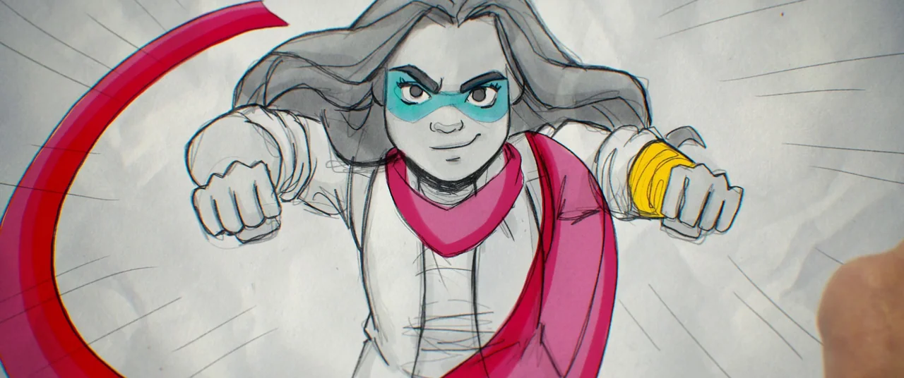The Marvels (2023) movie still: medium — A graphite and ink sketch on textured white paper captures a flying superheroine. The character extends…