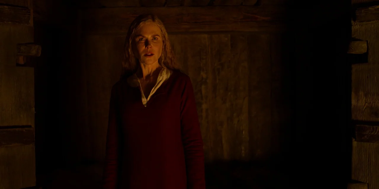 The Northman (2022) movie still: medium — A woman stands centered inside a dark, wooden log cabin at night. She is illuminated by a warm, flickering…