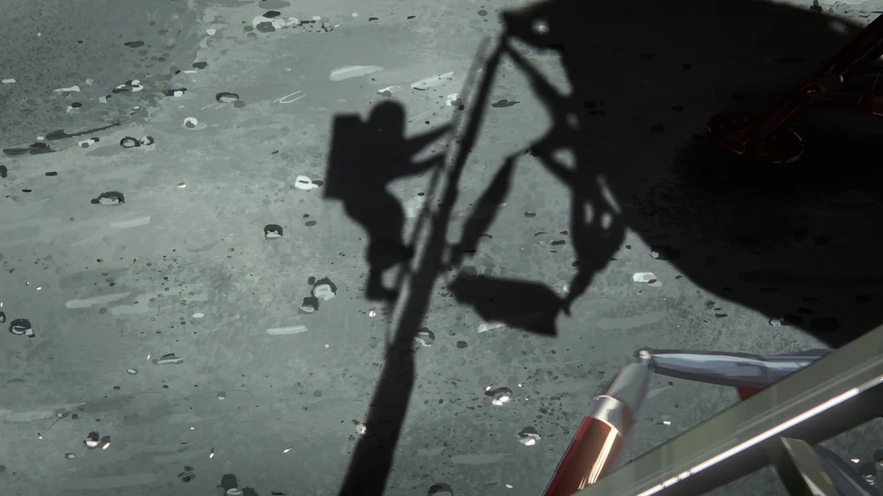 Apollo 10½: A Space Age Childhood (2022) movie still: wide — The grey, cratered surface of the moon displays a stark, elongated shadow of an…