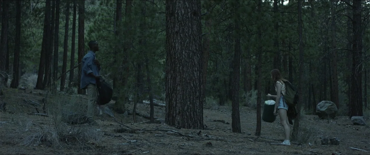 Captive (2020) movie still: wide — A dense evergreen woodland features numerous tall pine trees on a dirt surface. A young man and woman stand…