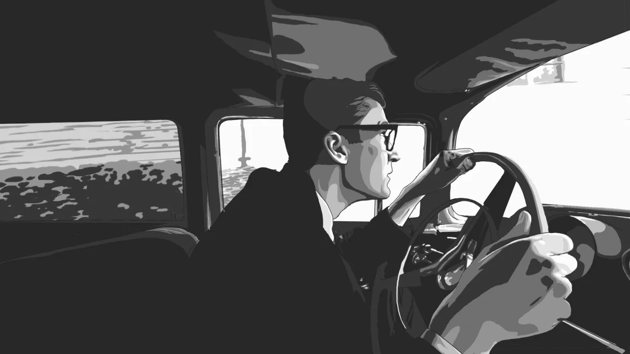Tower (2016) movie still: medium — The interior of a vintage automobile with high contrast stylized shadows. A man operates the steering wheel while…