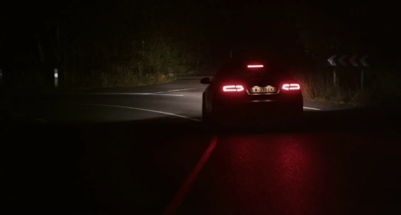 Bastards (2013) movie still: wide — A dark, winding road at night is illuminated by the intense red brake lights. The car is positioned on the…