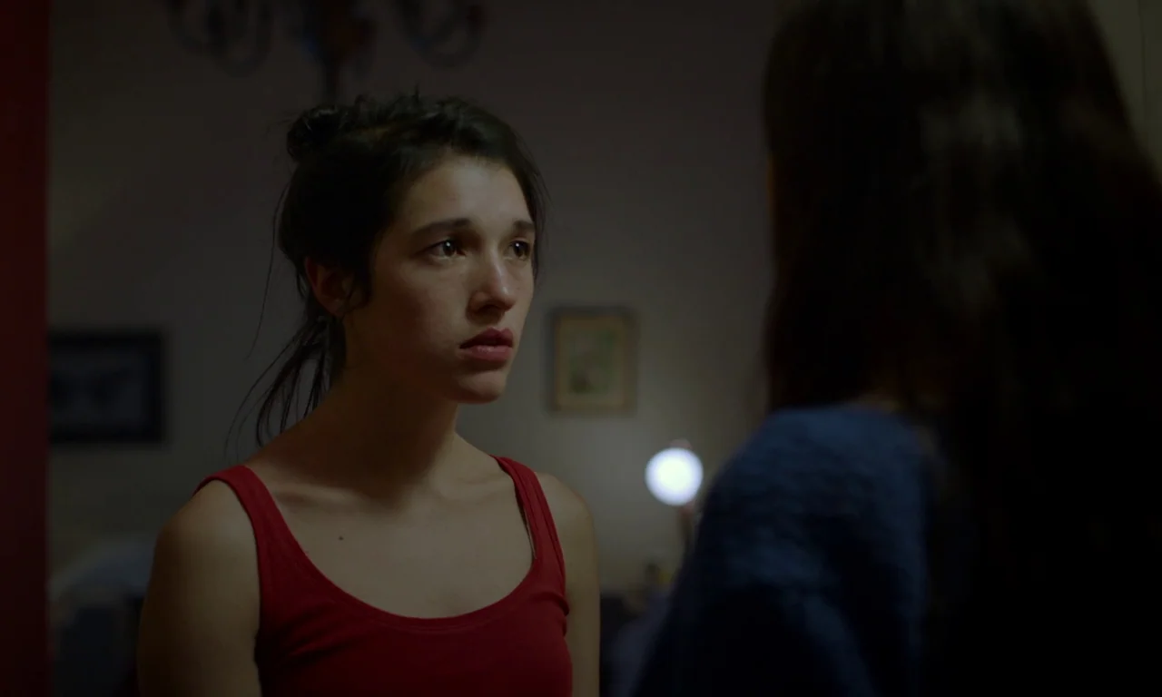 The Untamed (2016) movie still: medium — A dimly lit room contains a person facing away from the camera in the foreground. A woman wearing a red…