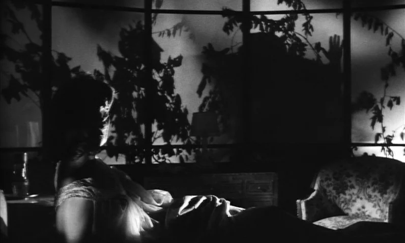 The Girl Who Knew Too Much (1963) movie still: medium — A woman lies on a bed in a darkened room with a large window. A dark silhouette appears on…