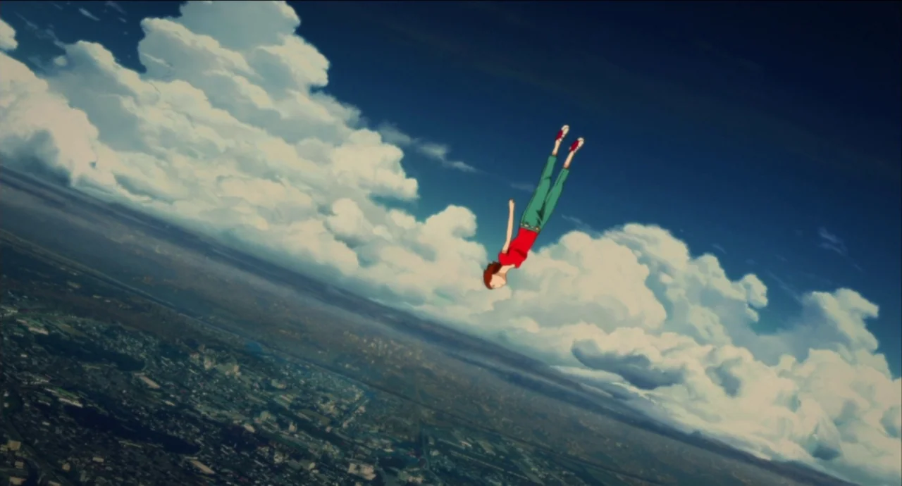 Paprika (2006) movie still: wide — A view of the sky filled with massive white cumulus clouds. A person falls headfirst through the open air above a…