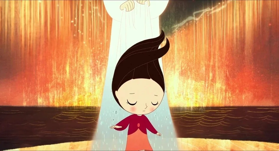 Song of the Sea (2014) movie still: medium — An animated child stands before a fiery orange background of waves and abstract light. A bright white…