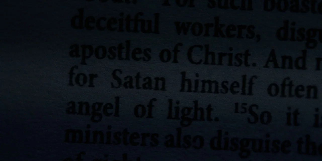 Immaculate (2024) movie still: closeup — A close-up view of a printed page features lines of text about Satan. The typography remains legible…