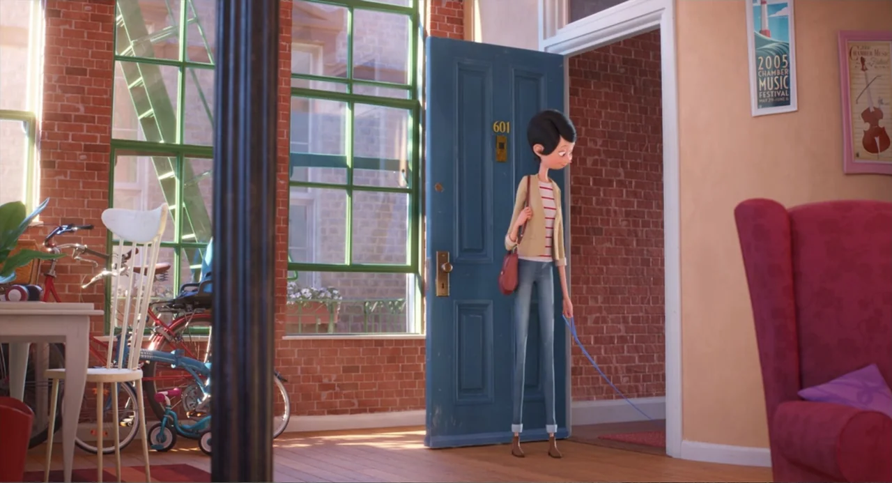 The Secret Life of Pets 2 (2019) movie still: fullbody — A sunlit apartment features exposed brick walls and a blue entrance door. A slender woman…