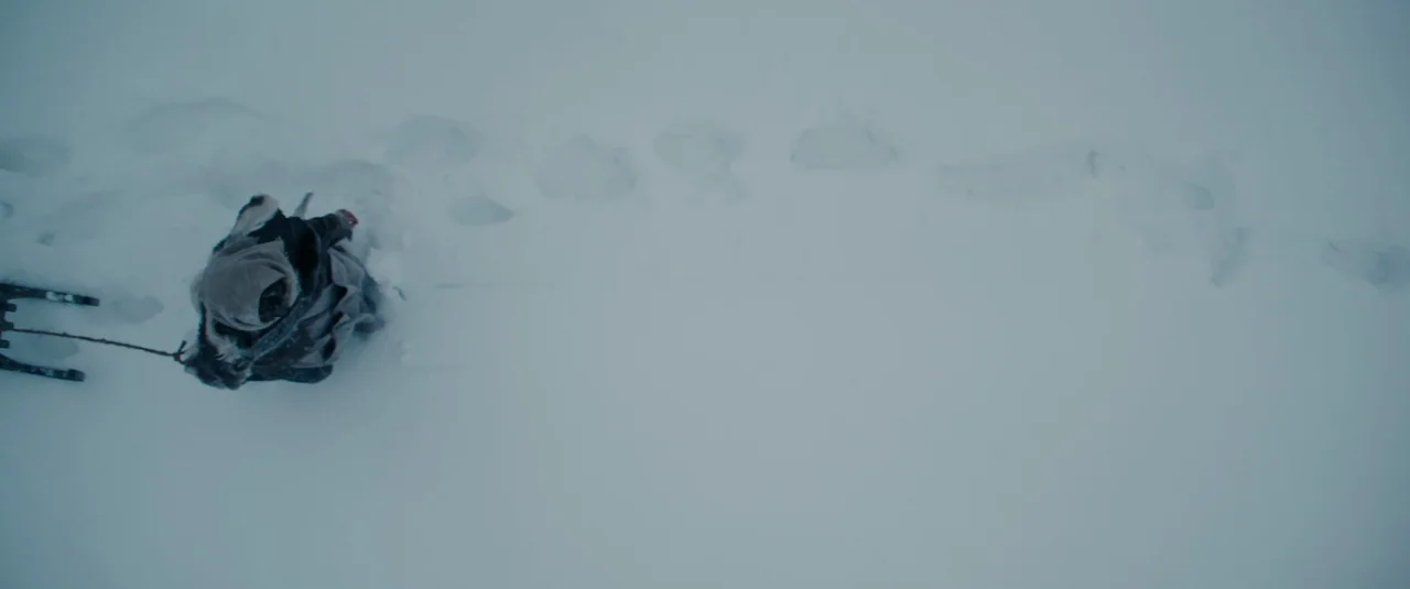 Hagazussa (2017) movie still: wide — An expanse of unbroken white snow stretches out under a grey, overcast sky. A lone figure in dark clothing…