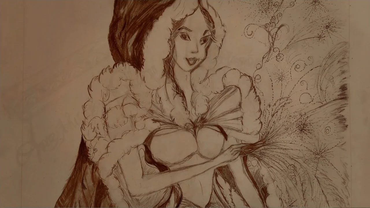 Empire Queen: The Golden Age of Magic (2024) movie still: medium — A 2D ink sketch depicts a stylized woman wearing a heavy fur garment. The figure…