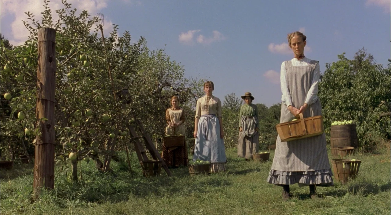 The Village (2004) movie still: fullbody — An expansive outdoor orchard with rows of apple trees and grassy paths between them. Four women in early…