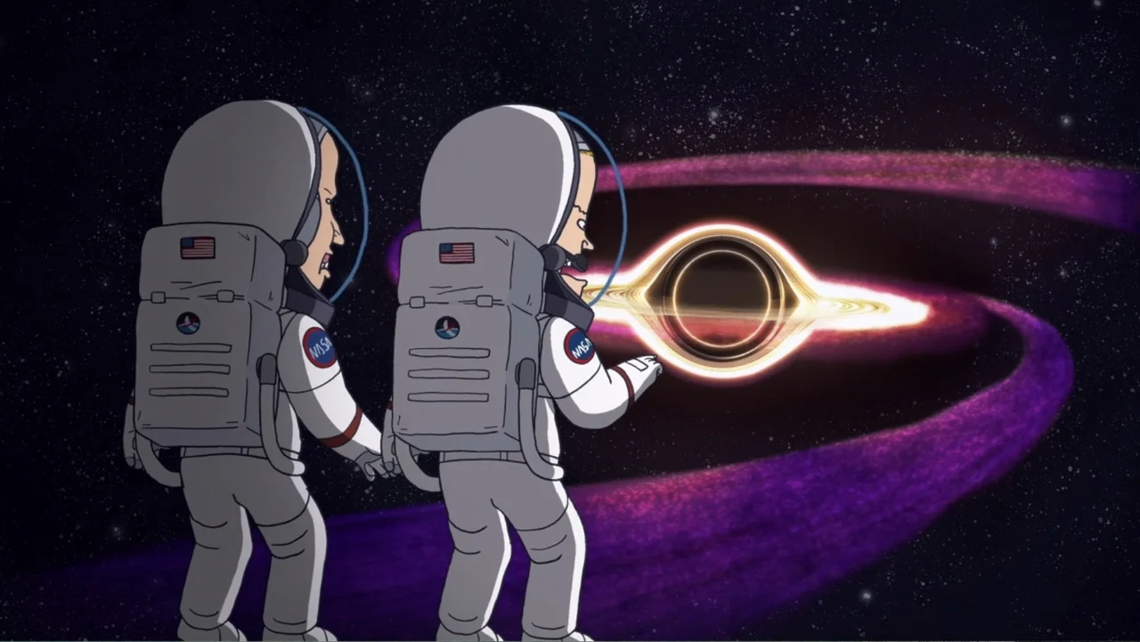 Beavis and Butt-Head Do the Universe (2022) movie still: medium — A vast expanse of deep black outer space contains a swirling luminous black hole.…