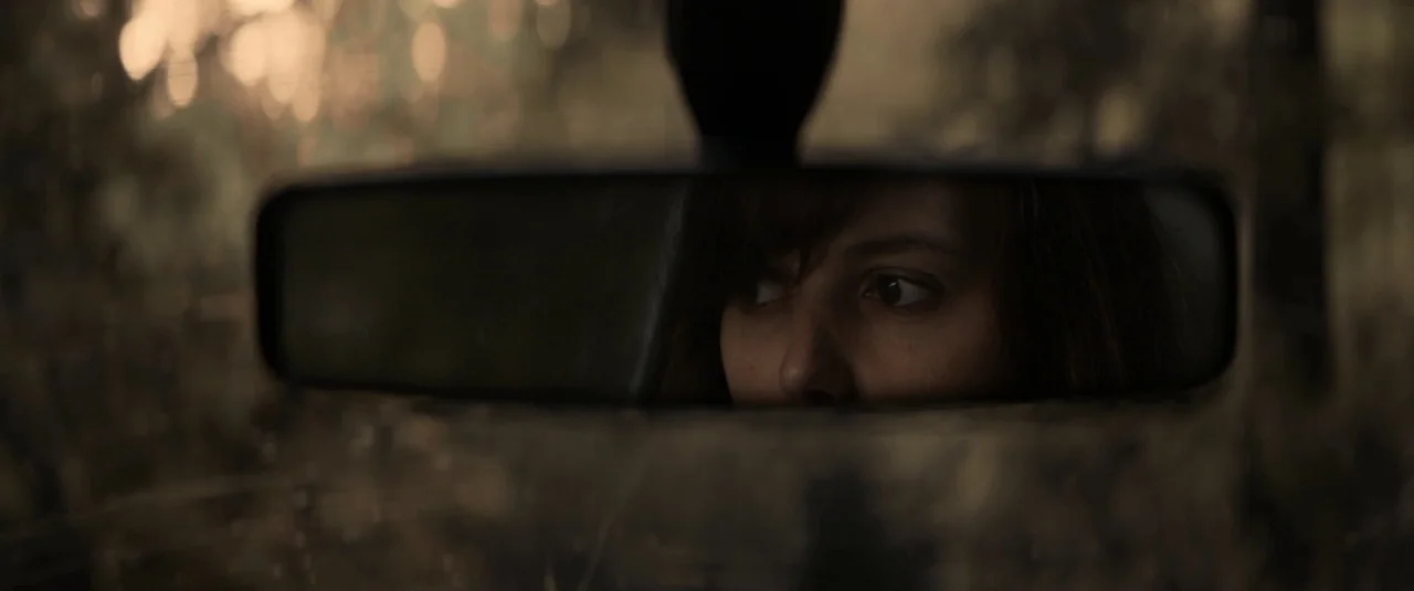 The Hole in the Ground (2019) movie still: closeup — The view is focused on the rearview mirror inside a motor vehicle. A woman's eyes and forehead…