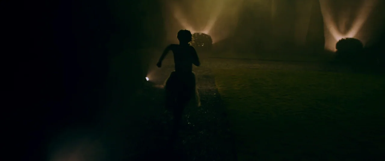 Ready or Not (2019) movie still: wide — A dark, foggy outdoor area features manicured lawns and trees illuminated by ground lights. A lone person…