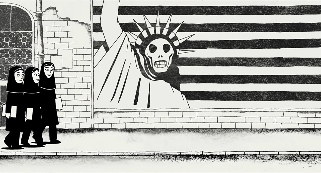 Persepolis (2007) movie still: wide — Three young women walk along a textured brick wall in a stark urban environment. A large painted mural depicts…