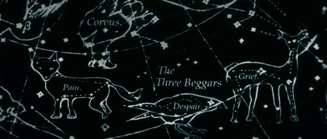 Antichrist (2009) movie still: closeup — A dark night sky map displays interconnected stars forming figures of animals and lines. Labels like Pain,…