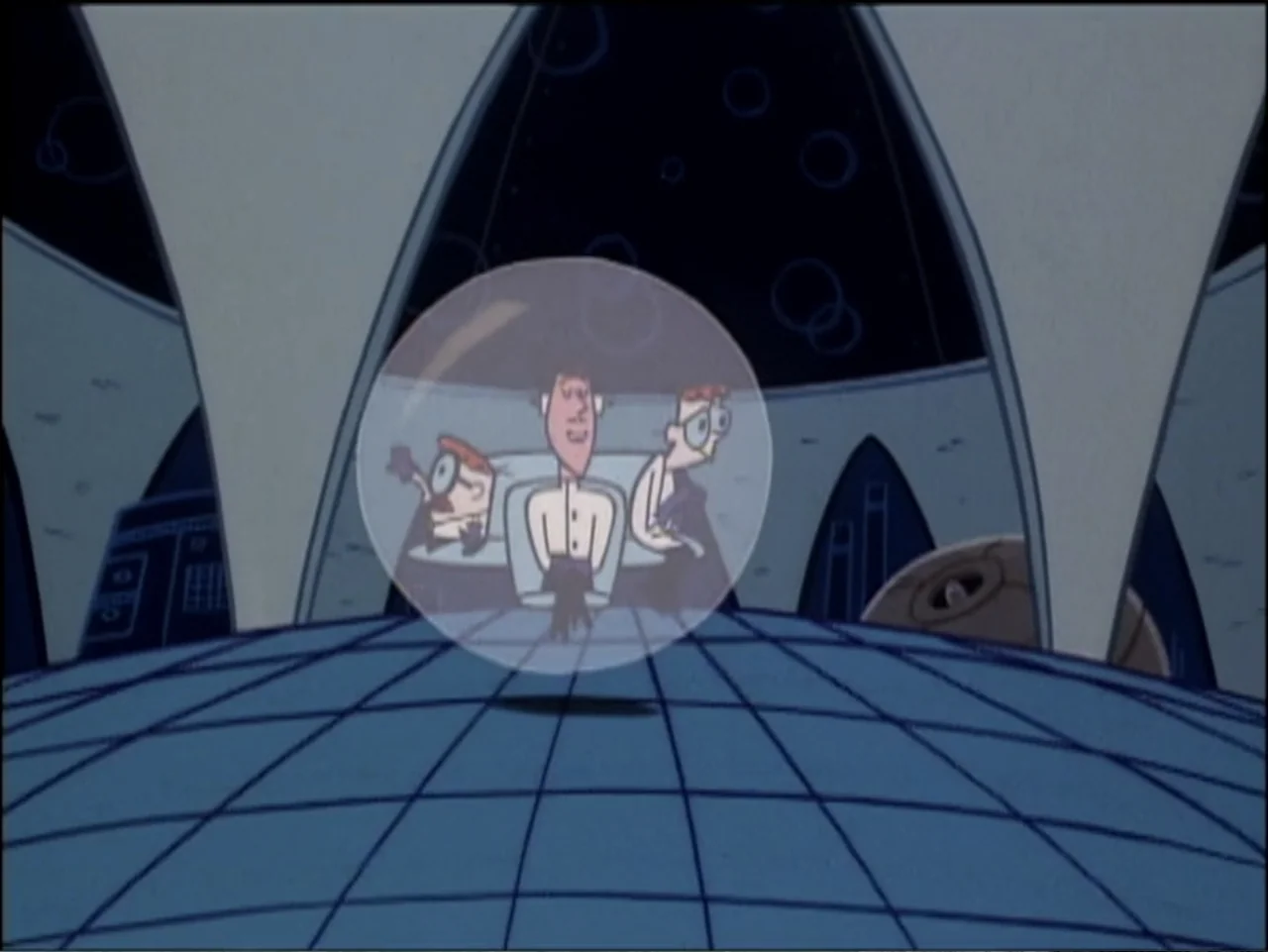 Dexter's Laboratory: Ego Trip (1999) movie still: wide — A futuristic laboratory features curved support pillars and a grid-patterned floor. Three…