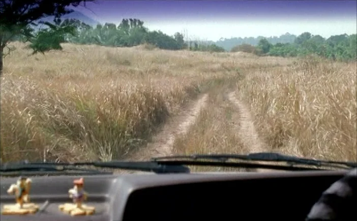 Blissfully Yours (2002) movie still: establishing — A narrow dirt track winds through a vast expanse of dry, tall golden grass. The view is framed…