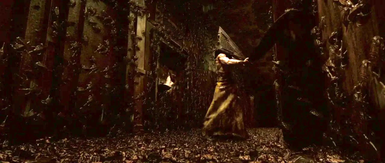 Silent Hill movie still: fullbody — A dark, cramped corridor covered in thousands of crawling cockroaches and debris. A hulking humanoid creature…