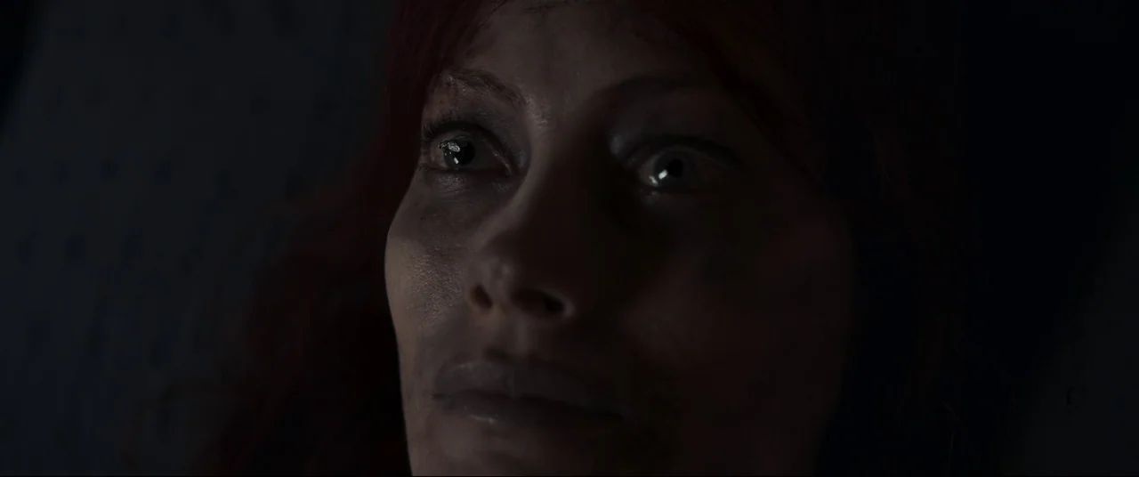 Evil Dead Rise (2023) movie still: closeup — A dimly lit, shadowed environment provides no clear architectural context. A woman with red hair stares…