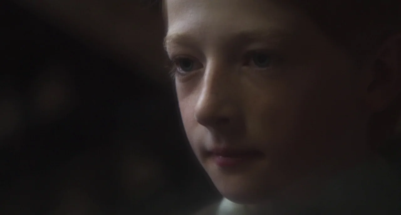 The Little Stranger (2018) movie still: closeup — The boy's face is shown in a dimly lit environment with dark surroundings. The subject is angled…