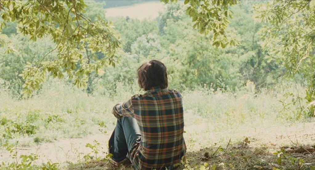 Something in the Air (2012) movie still: medium — A person sits on a patch of dirt and grass under shaded trees. The person faces a green forest and…
